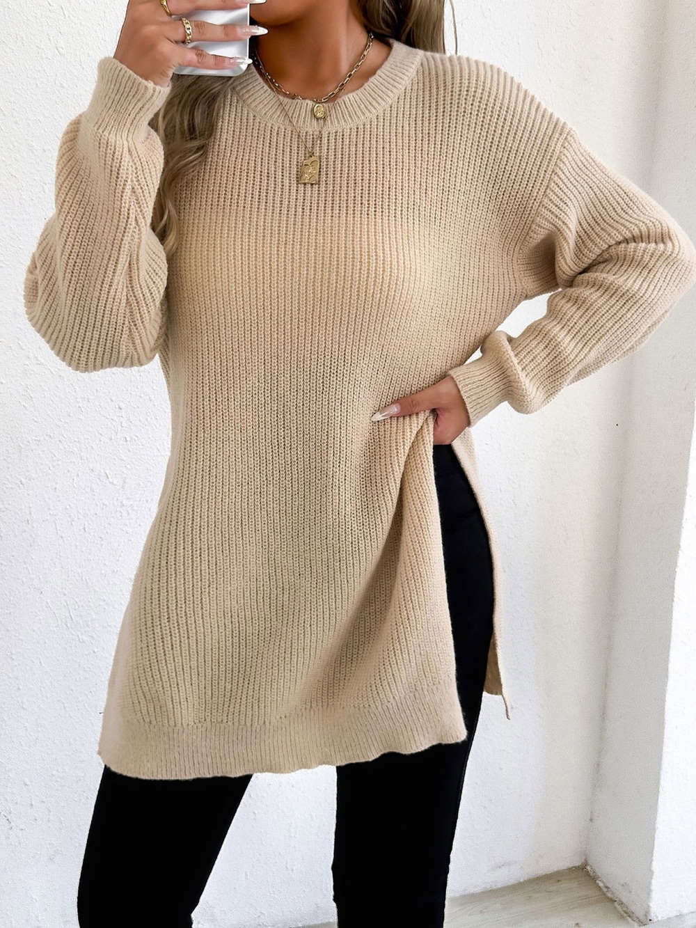 Side-Slit Dropped Shoulder Sweater - Picture 6 of 10